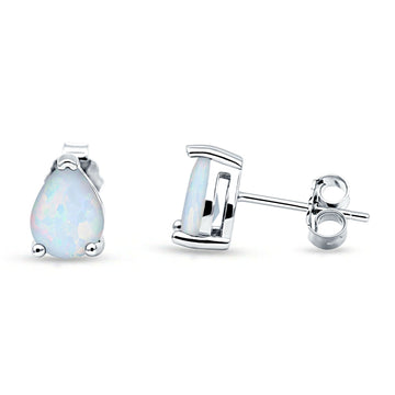 Art Deco Pear Shape Solitaire Push Back Stud Earring Excellent Lab Created White Opal 925 Sterling Silver